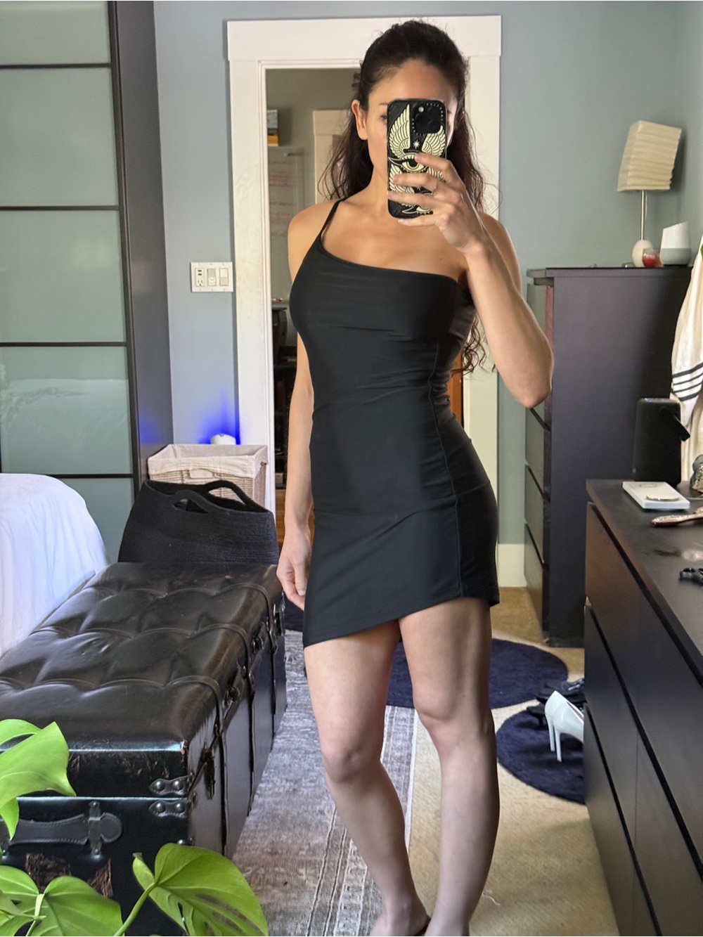 Superfown Black Asymmetrical One-Shoulder Mini Dress